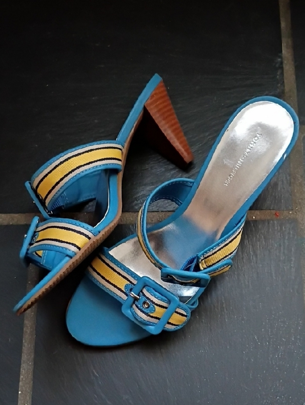 Tommy Hilfiger Teal Blue Slide Sandals with Yellow Stripe Buckles